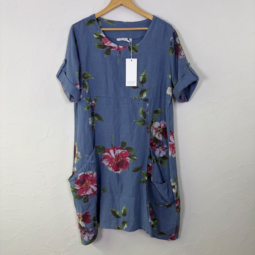 Vasna Linen Floral Tunic Dress Women Large Blue Short Sleeve Italy Lagenlook